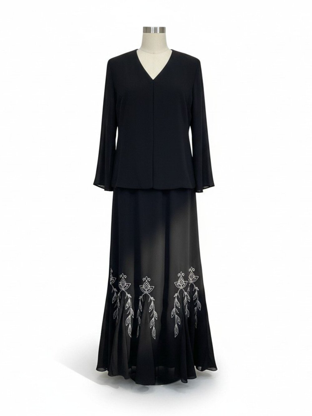 R & M Richards Black Embroidered Maxi Skirt & Top Set Size 12